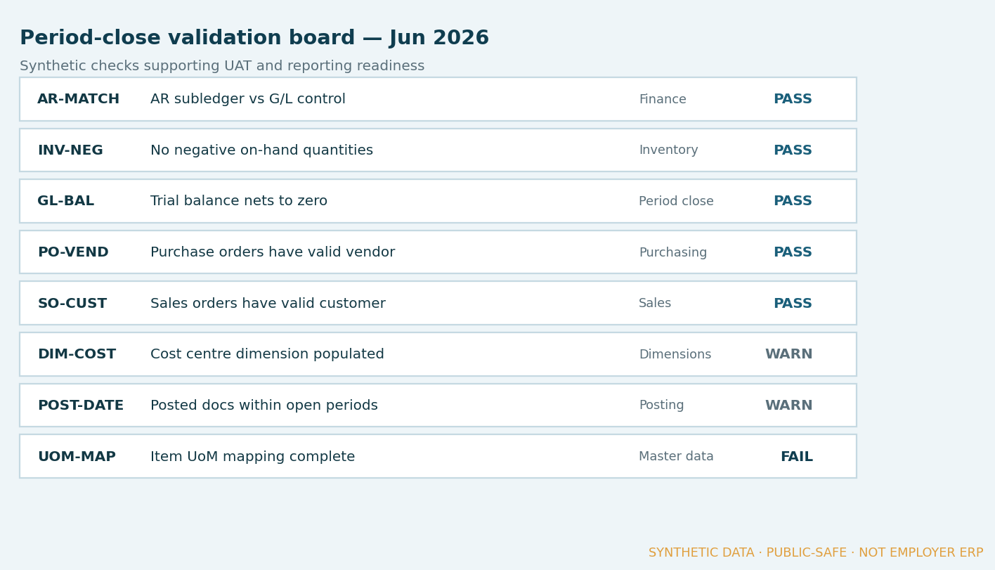 Period-close validation board with Pass Warn and Fail checks
